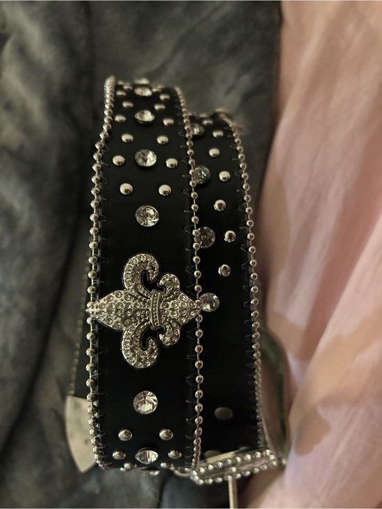 Accessories - Black Studded Fleur-de-Lis Crystal Accent Belt